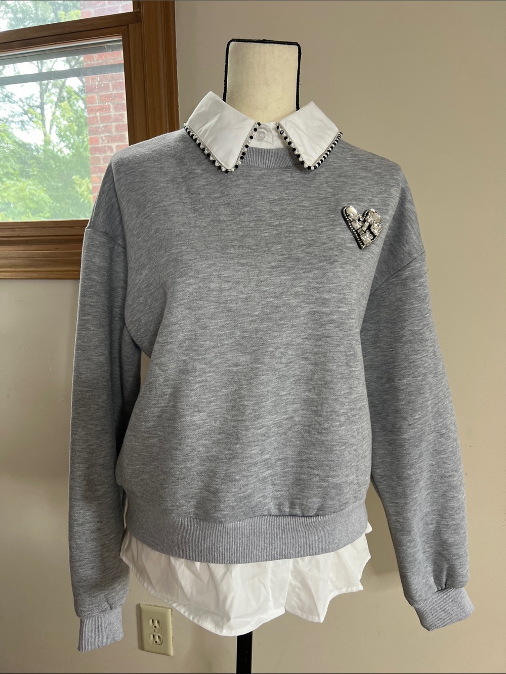Gray Crewneck Sweater with Embellished Heart Accent